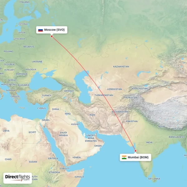 Moscow - Mumbai direct flight map