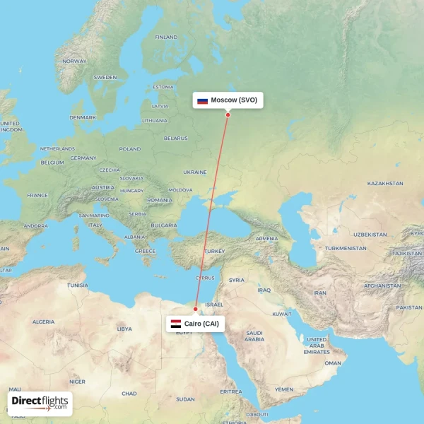 Moscow - Cairo direct flight map
