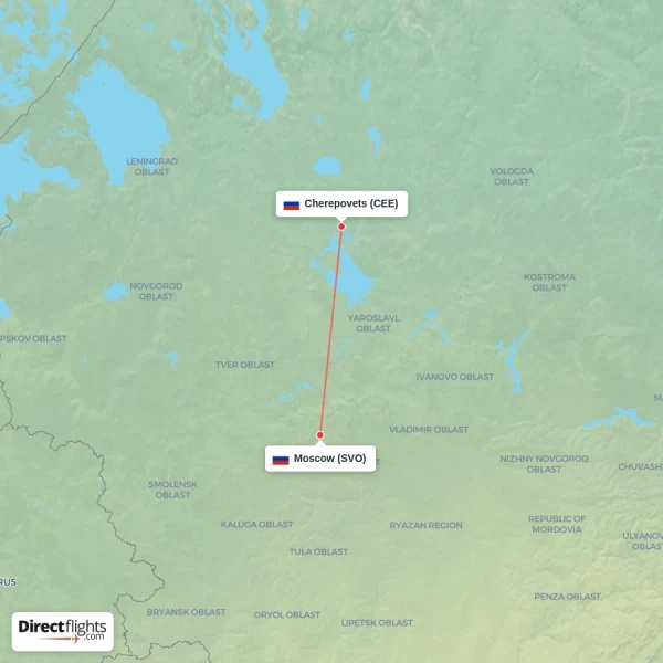 Moscow - Cherepovets direct flight map