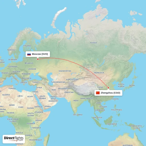Moscow - Zhengzhou direct flight map