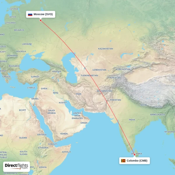 Moscow - Colombo direct flight map