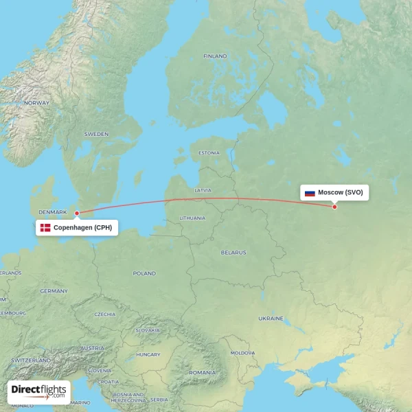 Moscow - Copenhagen direct flight map