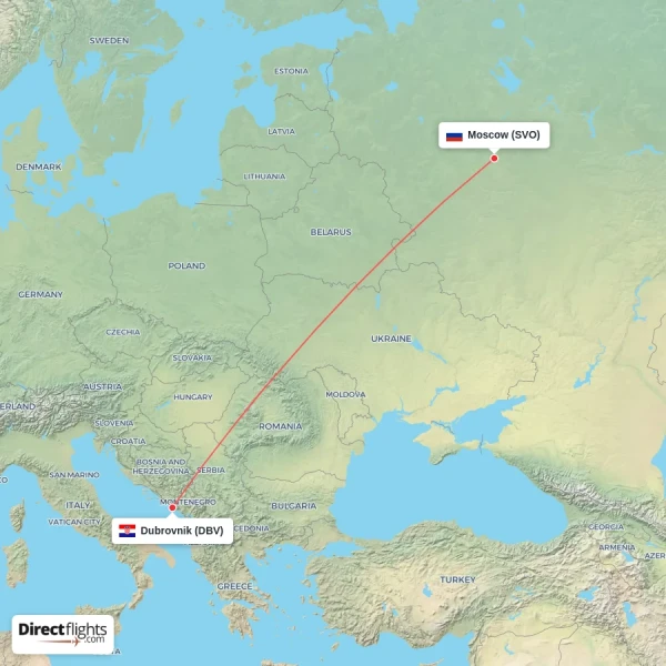 Moscow - Dubrovnik direct flight map