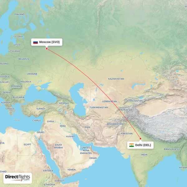 Moscow - Delhi direct flight map