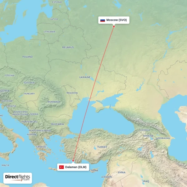 Moscow - Dalaman direct flight map