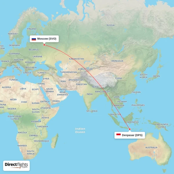 Moscow - Denpasar direct flight map