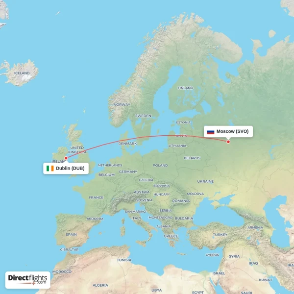 Moscow - Dublin direct flight map