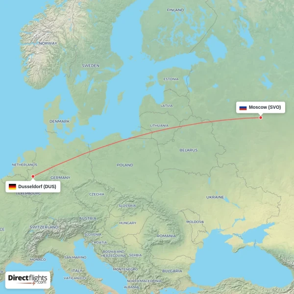 Moscow - Dusseldorf direct flight map