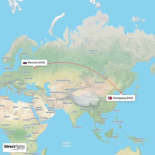 Moscow - Pyongyang direct flight map