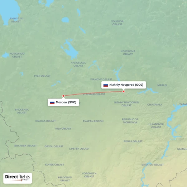 Moscow - Nizhniy Novgorod direct flight map