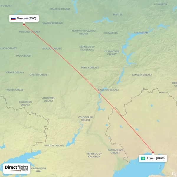 Moscow - Atyrau direct flight map