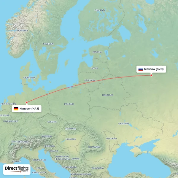Moscow - Hanover direct flight map
