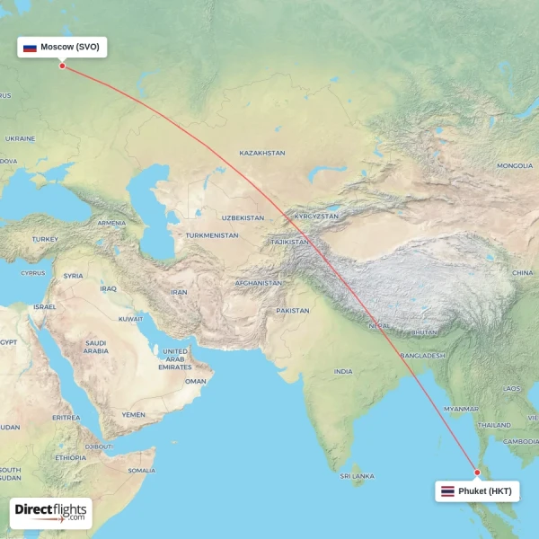 Moscow - Phuket direct flight map