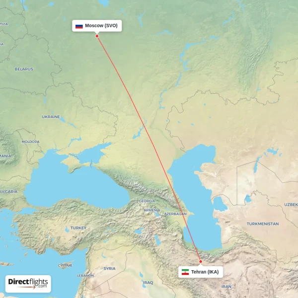 Moscow - Tehran direct flight map
