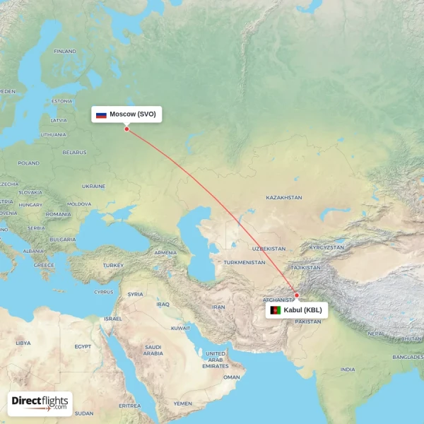 Moscow - Kabul direct flight map