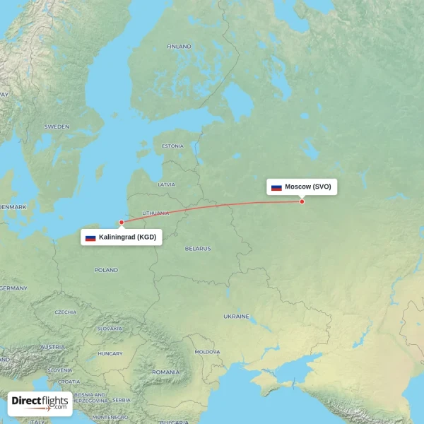 Moscow - Kaliningrad direct flight map