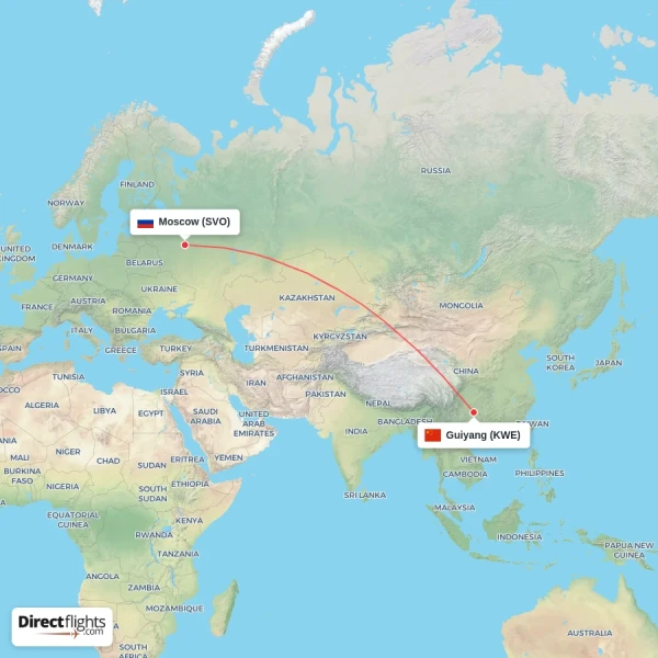 Moscow - Guiyang direct flight map
