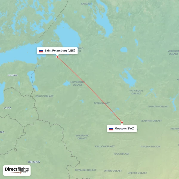 Moscow - Saint Petersburg direct flight map