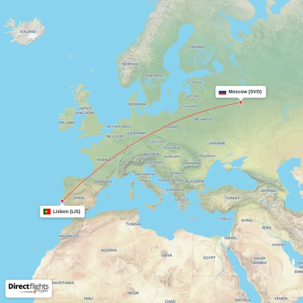 Moscow - Lisbon direct flight map