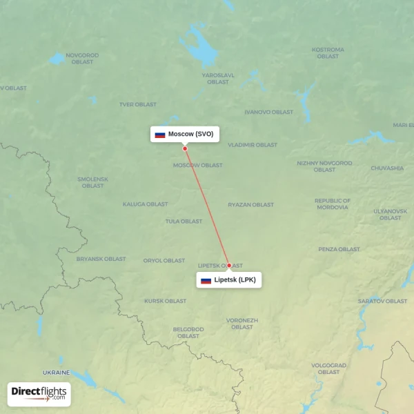 Moscow - Lipetsk direct flight map