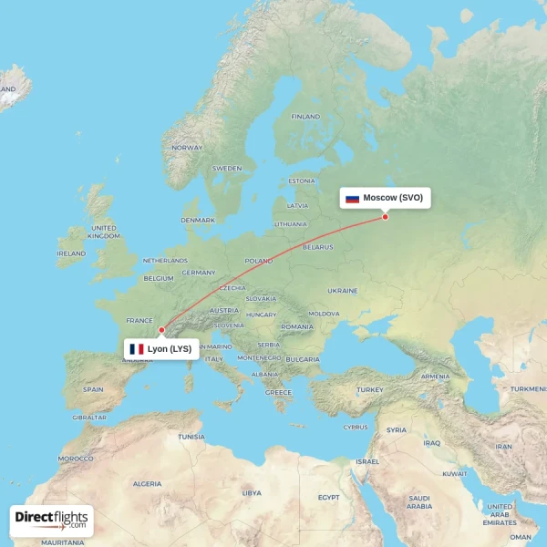 Moscow - Lyon direct flight map