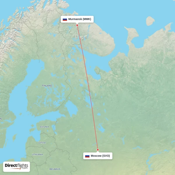 Moscow - Murmansk direct flight map