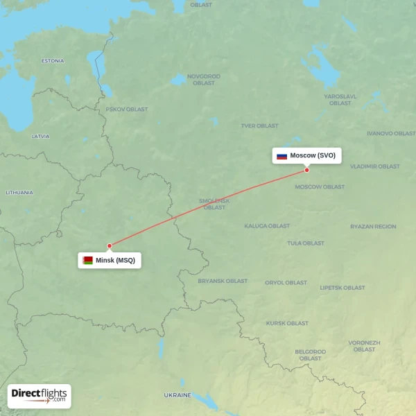 Moscow - Minsk direct flight map