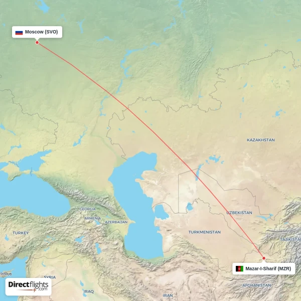 Moscow - Mazar-I-Sharif direct flight map