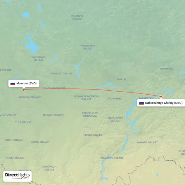Moscow - Naberezhnye Chelny direct flight map