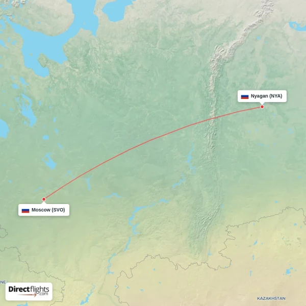 Moscow - Nyagan direct flight map