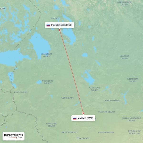 Moscow - Petrozavodsk direct flight map