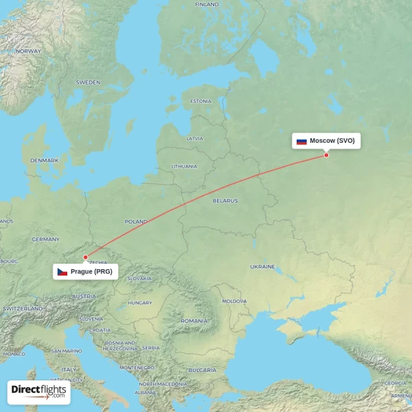 Moscow - Prague direct flight map