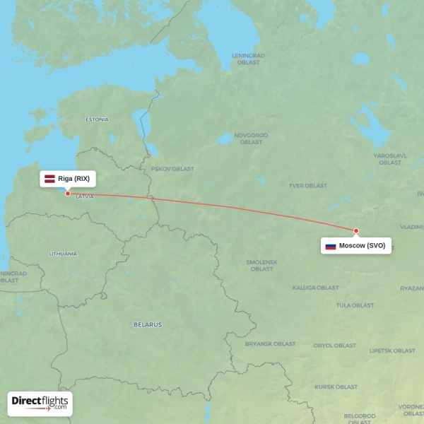 Moscow - Riga direct flight map