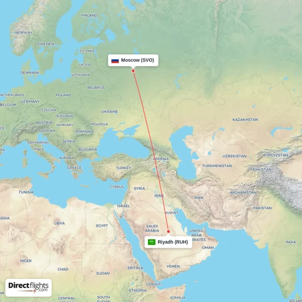 Moscow - Riyadh direct flight map
