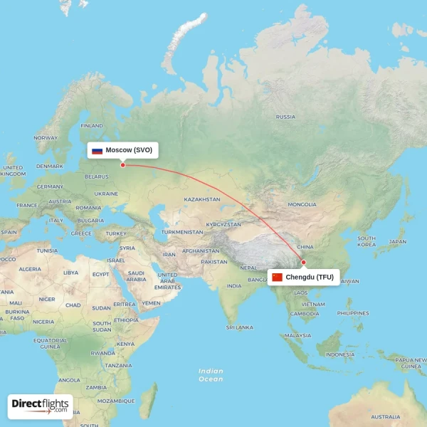 Moscow - Chengdu direct flight map