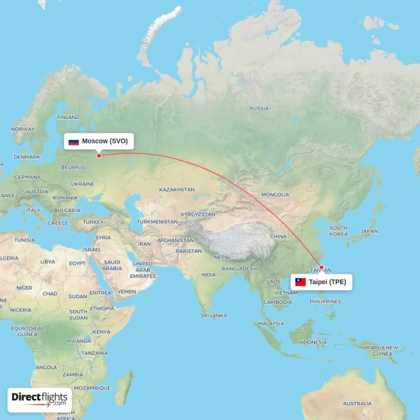 Moscow - Taipei direct flight map