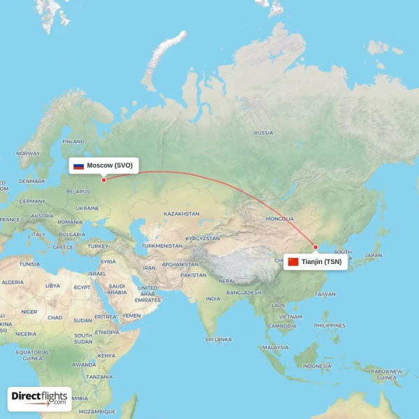 Moscow - Tianjin direct flight map