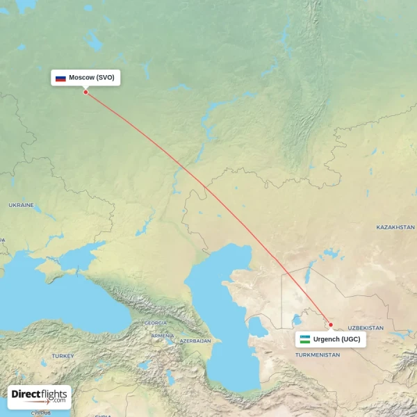 Moscow - Urgench direct flight map