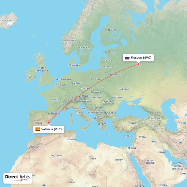 Moscow - Valencia direct flight map