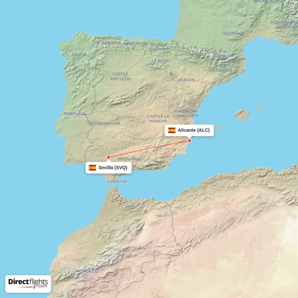 Sevilla - Alicante direct flight map