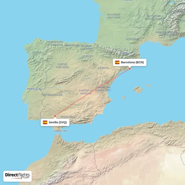 Sevilla - Barcelona direct flight map