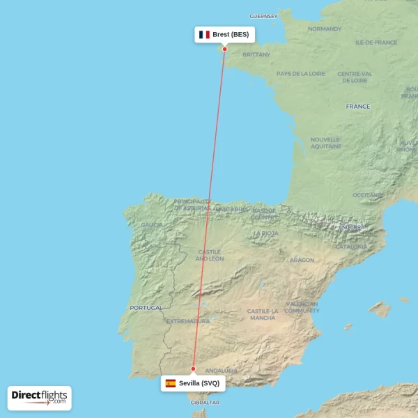 Sevilla - Brest direct flight map