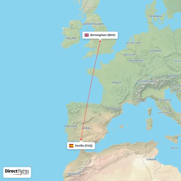 Sevilla - Birmingham direct flight map