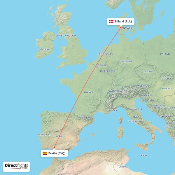 Sevilla - Billund direct flight map