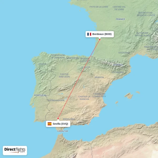 Sevilla - Bordeaux direct flight map