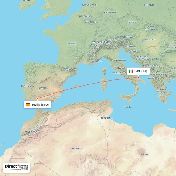 Sevilla - Bari direct flight map