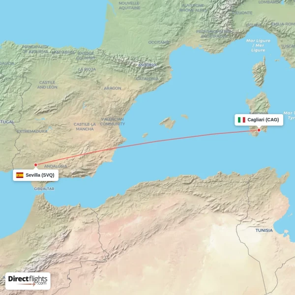 Sevilla - Cagliari direct flight map