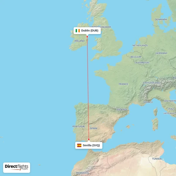 Sevilla - Dublin direct flight map