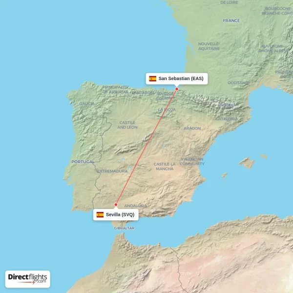 Sevilla - San Sebastian direct flight map