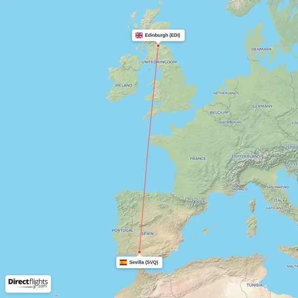 Sevilla - Edinburgh direct flight map